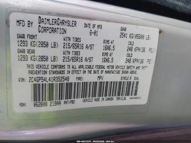Продажа на аукционе авто 2001 Chrysler Town & Country Lxi, vin: 2C4GP54L41R352548, номер лота: 45472333