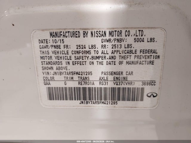 Aukcja sprzedaży 2015 Infiniti Q50 Premium, vin: JN1BV7AR5FM421295, numer aukcji: 45472350