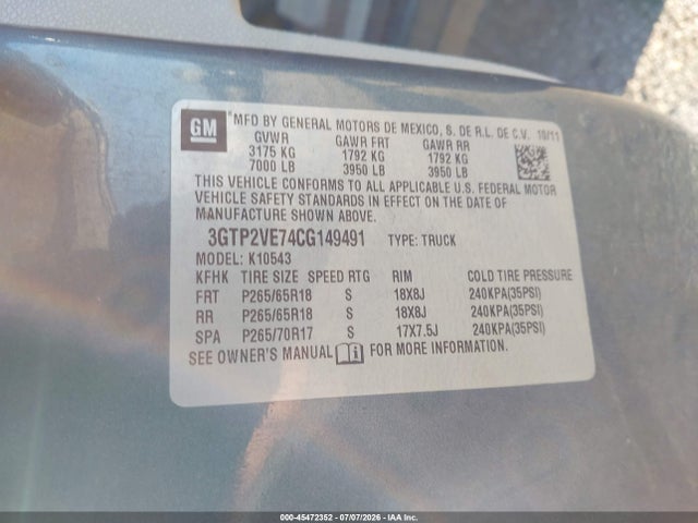 2012 Gmc Sierra 1500 Sle მანქანა იყიდება აუქციონზე, vin: 3GTP2VE74CG149491, აუქციონის ნომერი: 45472352