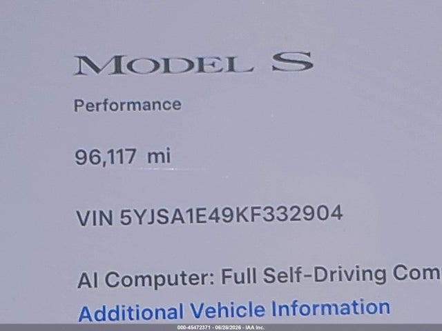 Продаж на аукціоні авто 2019 Tesla Model S 100d/long Range/p100d/performance, vin: 5YJSA1E49KF332904, номер лоту: 45472371