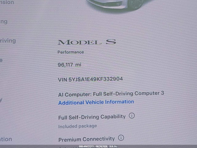 Продаж на аукціоні авто 2019 Tesla Model S 100d/long Range/p100d/performance, vin: 5YJSA1E49KF332904, номер лоту: 45472371
