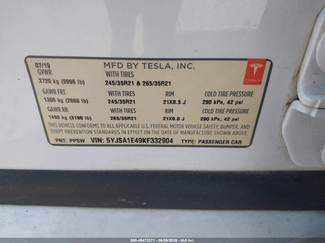 Продаж на аукціоні авто 2019 Tesla Model S 100d/long Range/p100d/performance, vin: 5YJSA1E49KF332904, номер лоту: 45472371