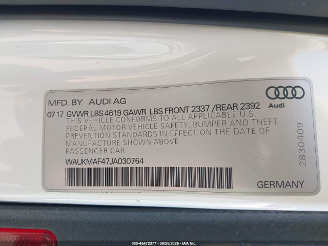 Aukcja sprzedaży 2018 Audi A4 2.0t Tech Ultra Premium/2.0t Ultra Premium, vin: WAUKMAF47JA030764, numer aukcji: 45472377