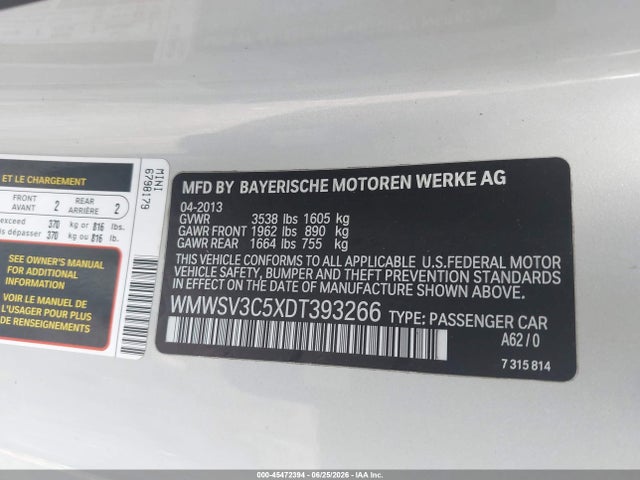 Aukcja sprzedaży 2013 Mini Hardtop Cooper S, vin: WMWSV3C5XDT393266, numer aukcji: 45472394