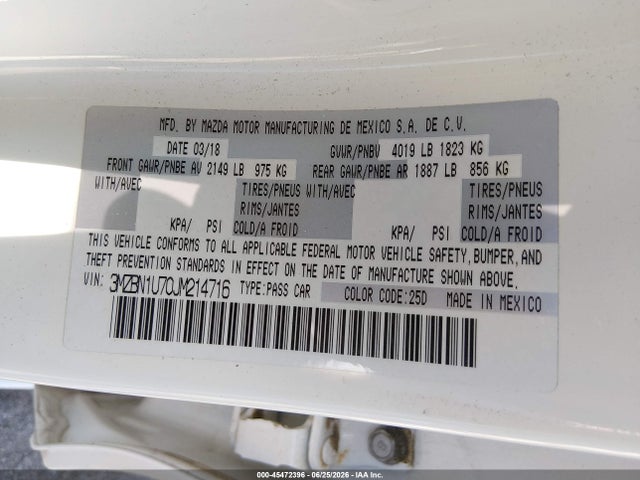 Aukcja sprzedaży 2018 Mazda Mazda3 Sport, vin: 3MZBN1U70JM214716, numer aukcji: 45472396