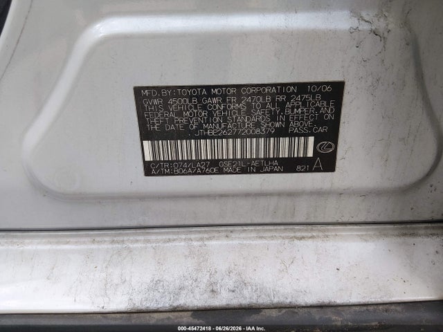 Aukcja sprzedaży 2007 Lexus Is 350, vin: JTHBE262772008379, numer aukcji: 45472418