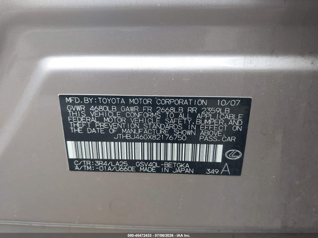 Продажа на аукционе авто 2008 Lexus Es 350, vin: JTHBJ46GX82176750, номер лота: 45472433