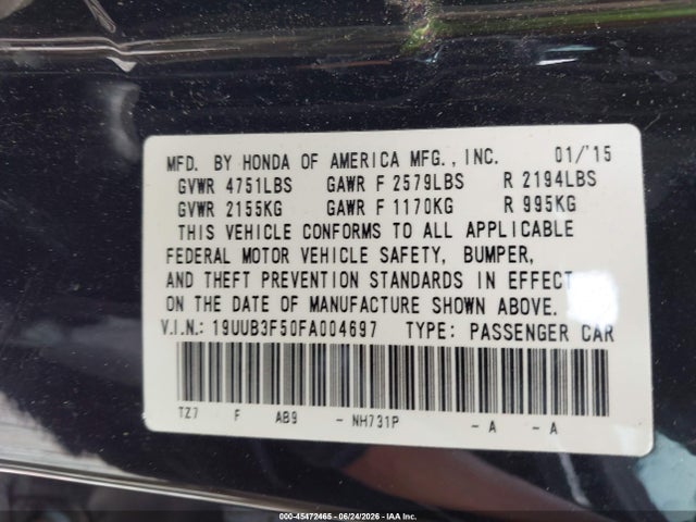 2015 Acura Tlx V6 Tech მანქანა იყიდება აუქციონზე, vin: 19UUB3F50FA004697, აუქციონის ნომერი: 45472465