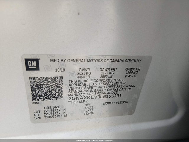 Продаж на аукціоні авто 2020 Chevrolet Equinox Fwd Lt 1.5l Turbo, vin: 2GNAXKEV9L6155391, номер лоту: 45472476