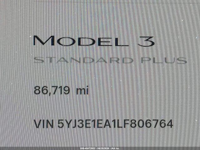 45472502 :رقم المزاد ، 5YJ3E1EA1LF806764 vin ، 2020 Tesla Model 3 Standard Range Plus Rear-wheel Drive/standard Range Rear-wheel Drive مزاد بيع