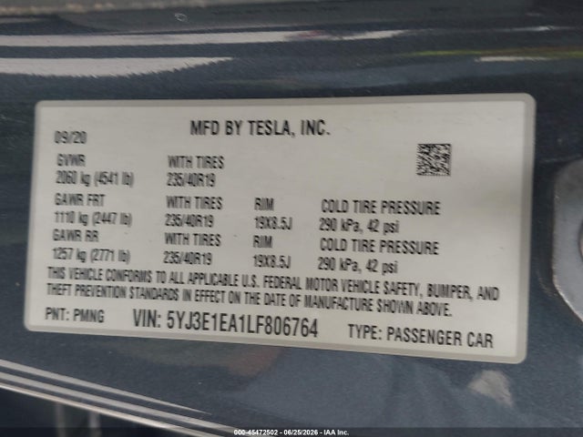 45472502 :رقم المزاد ، 5YJ3E1EA1LF806764 vin ، 2020 Tesla Model 3 Standard Range Plus Rear-wheel Drive/standard Range Rear-wheel Drive مزاد بيع