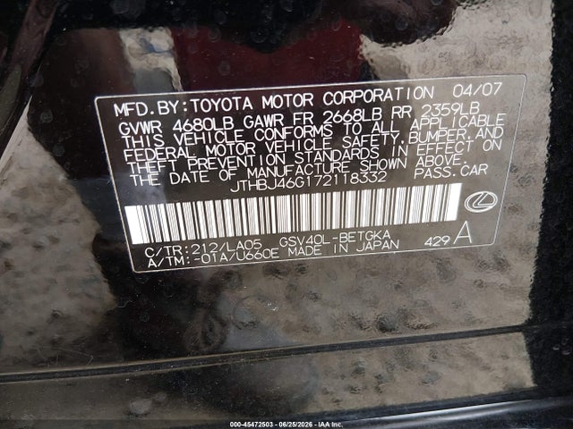 Продажа на аукционе авто 2007 Lexus Es 350, vin: JTHBJ46G172118332, номер лота: 45472503