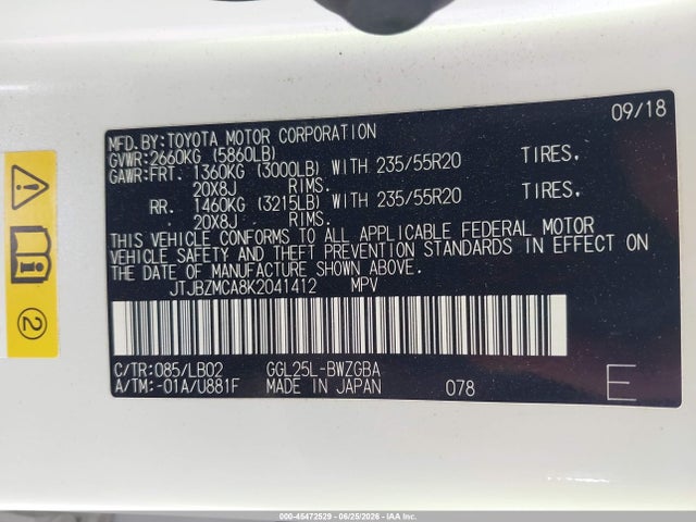 2019 Lexus Rx 350 მანქანა იყიდება აუქციონზე, vin: JTJBZMCA8K2041412, აუქციონის ნომერი: 45472529