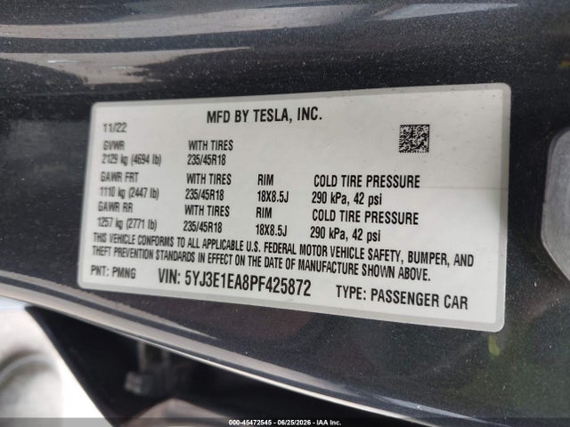 Aukcja sprzedaży 2023 Tesla Model 3 Rear-wheel Drive, vin: 5YJ3E1EA8PF425872, numer aukcji: 45472545