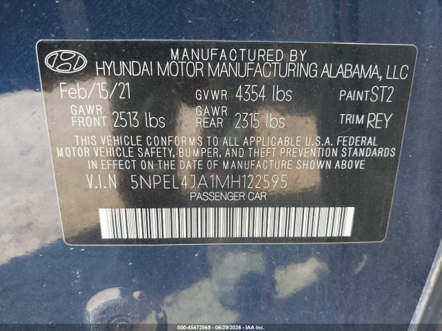 Продаж на аукціоні авто 2021 Hyundai Sonata Sel, vin: 5NPEL4JA1MH122595, номер лоту: 45472569