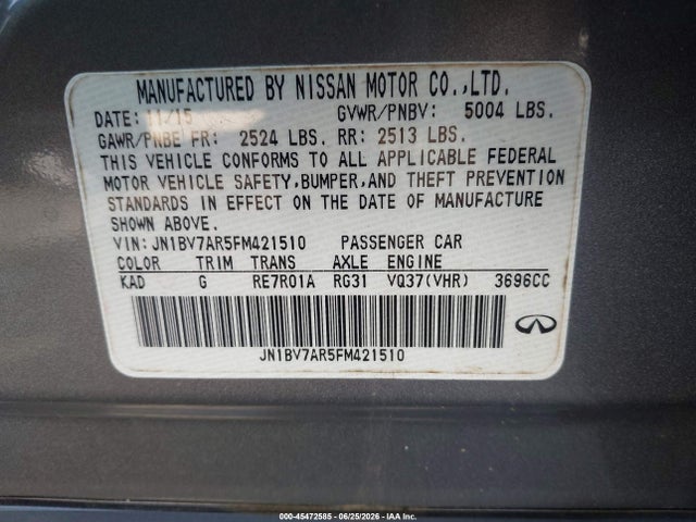 Продажа на аукционе авто 2015 Infiniti Q50 Premium, vin: JN1BV7AR5FM421510, номер лота: 45472585
