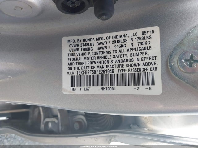 45472587 :رقم المزاد ، 19XFB2F5XFE261946 vin ، 2015 Honda Civic Lx مزاد بيع