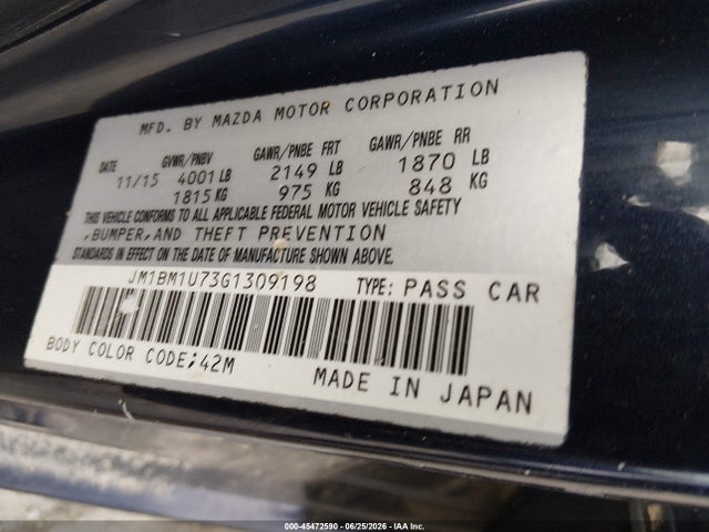 2016 Mazda Mazda3 I Sport მანქანა იყიდება აუქციონზე, vin: JM1BM1U73G1309198, აუქციონის ნომერი: 45472590