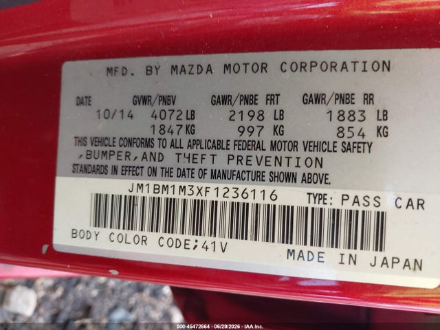 Продаж на аукціоні авто 2015 Mazda Mazda3 S Grand Touring, vin: JM1BM1M3XF1236116, номер лоту: 45472664