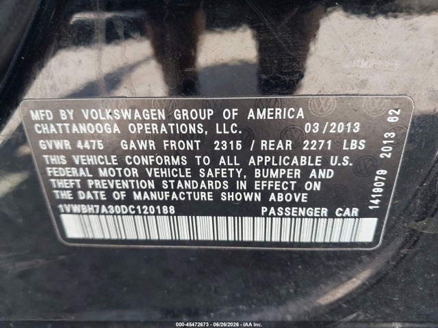 2013 Volkswagen Passat 2.5l Se მანქანა იყიდება აუქციონზე, vin: 1VWBH7A30DC120188, აუქციონის ნომერი: 45472673