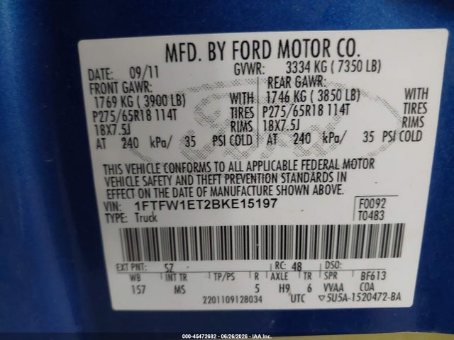 Продаж на аукціоні авто 2011 Ford F-150 Fx4/king Ranch/lariat/platinum/xlt, vin: 1FTFW1ET2BKE15197, номер лоту: 45472682
