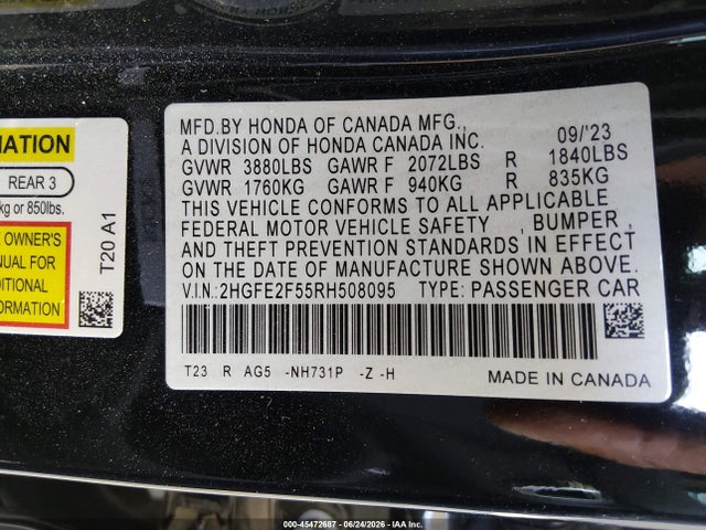 Honda Civic Sport 2024 2HGFE2F55RH508095 Image 9