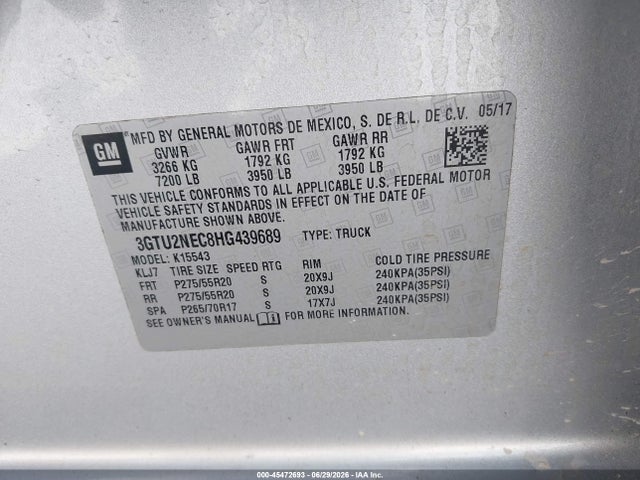 45472693 :رقم المزاد ، 3GTU2NEC8HG439689 vin ، 2017 Gmc Sierra 1500 Slt مزاد بيع