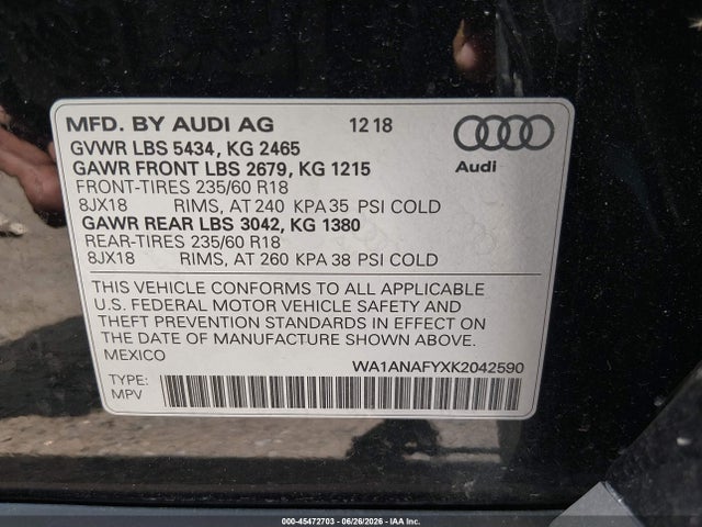 Продаж на аукціоні авто 2019 Audi Q5 45 Premium, vin: WA1ANAFYXK2042590, номер лоту: 45472703