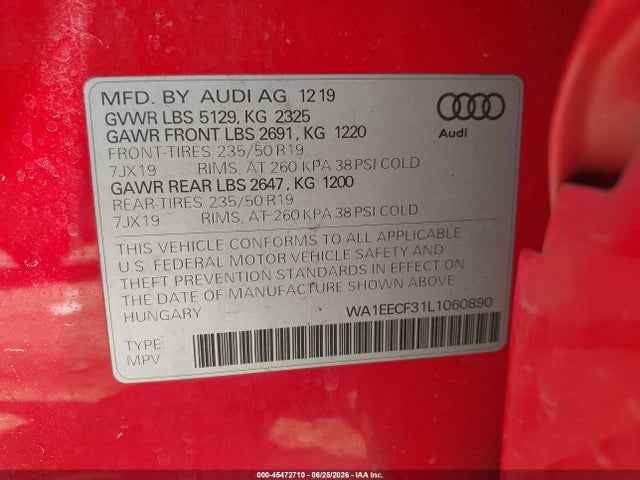 45472710 :رقم المزاد ، WA1EECF31L1060890 vin ، 2020 Audi Q3 Premium Plus 45 Tfsi S Line Quattro Tiptronic مزاد بيع