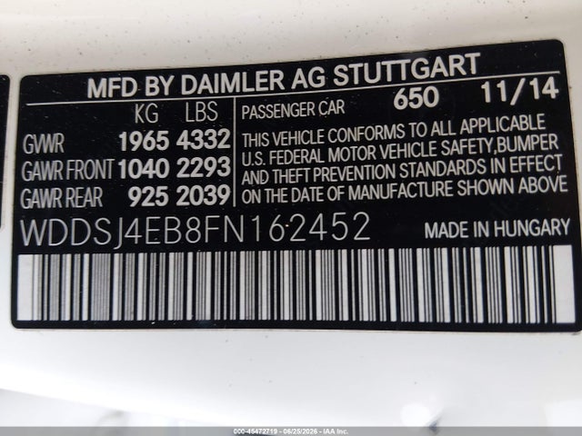 Aukcja sprzedaży 2015 Mercedes-benz Cla 250, vin: WDDSJ4EB8FN162452, numer aukcji: 45472719