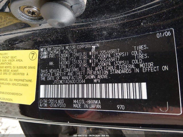 Aukcja sprzedaży 2006 Toyota Highlander Hybrid Limited V6, vin: JTEDW21A260012044, numer aukcji: 45472732