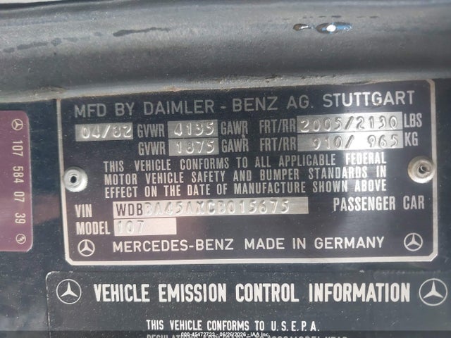 45472733 :رقم المزاد ، WDBBA45AXCB015675 vin ، 1982 Mercedes-benz 380 Sl مزاد بيع