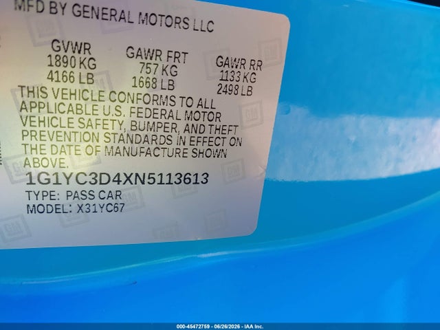 Aukcja sprzedaży 2022 Chevrolet Corvette Stingray Rwd  3lt, vin: 1G1YC3D4XN5113613, numer aukcji: 45472759