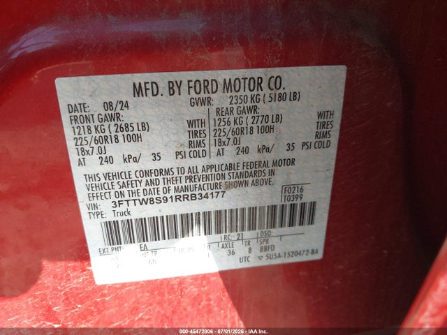 Продажа на аукционе авто 2024 Ford Maverick Lariat, vin: 3FTTW8S91RRB34177, номер лота: 45472806