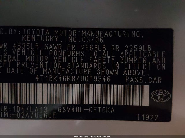 2007 Toyota Camry Xle V6 მანქანა იყიდება აუქციონზე, vin: 4T1BK46K87U009546, აუქციონის ნომერი: 45472819