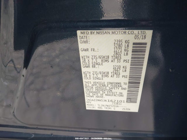Продаж на аукціоні авто 2018 Nissan Murano S, vin: 5N1AZ2MH5JN162101, номер лоту: 45472821