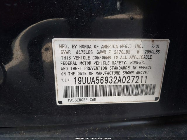 2002 Acura Tl 3.2 Type S მანქანა იყიდება აუქციონზე, vin: 19UUA56932A027211, აუქციონის ნომერი: 45472850