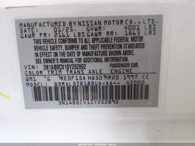 Aukcja sprzedaży 2025 Nissan Sentra Sv, vin: 3N1AB8CV1SY282892, numer aukcji: 45472857