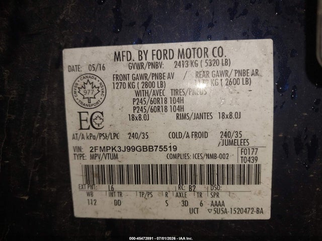 45472891 :رقم المزاد ، 2FMPK3J99GBB75519 vin ، 2016 Ford Edge Sel مزاد بيع