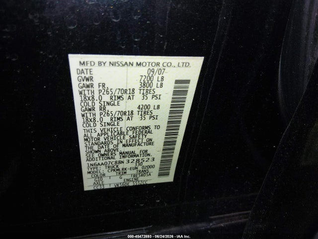 Aukcja sprzedaży 2008 Nissan Titan Xe, vin: 1N6AA07C88N328523, numer aukcji: 45472893