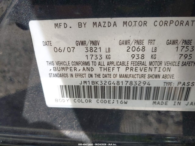 45472895 :رقم المزاد ، JM1BK32G481783294 vin ، 2008 Mazda Mazda3 I مزاد بيع