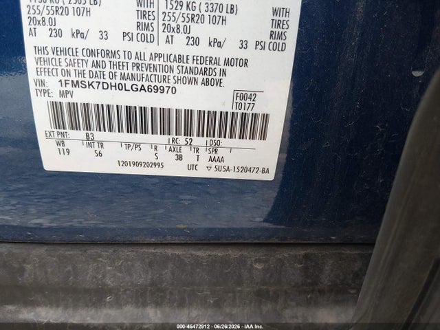 Продажа на аукционе авто 2020 Ford Explorer Xlt, vin: 1FMSK7DH0LGA69970, номер лота: 45472912