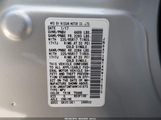 Продаж на аукціоні авто 2017 Nissan Rogue S, vin: JN8AT2MT4HW141873, номер лоту: 45472919