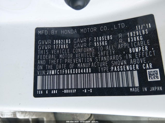 Aukcja sprzedaży 2019 Honda Civic Touring, vin: JHMFC1F96KX004480, numer aukcji: 45472920