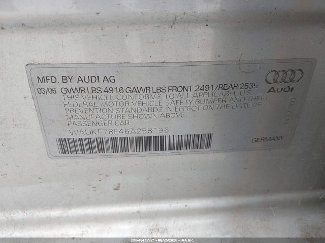 45472921 :رقم المزاد ، WAUKF78E46A258196 vin ، 2006 Audi A4 2.0t Avant مزاد بيع