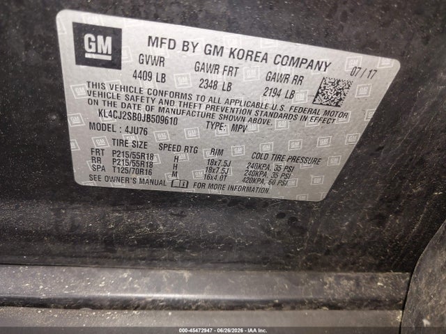 2018 Buick Encore Sport Touring მანქანა იყიდება აუქციონზე, vin: KL4CJ2SB0JB509610, აუქციონის ნომერი: 45472947