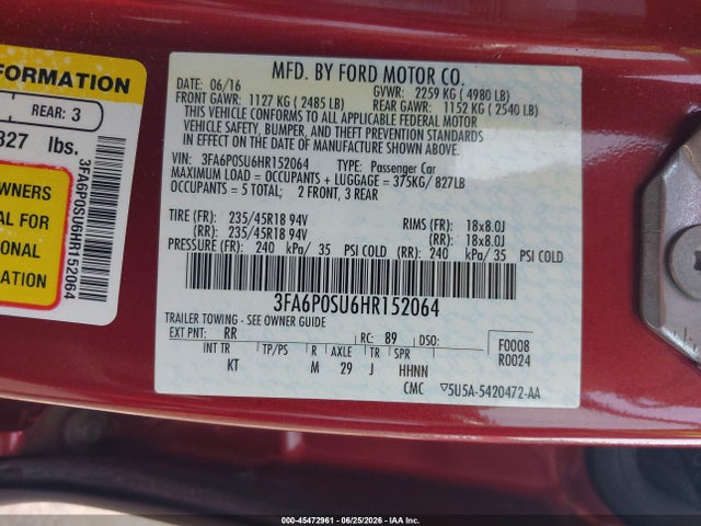 45472961 :رقم المزاد ، 3FA6P0SU6HR152064 vin ، 2017 Ford Fusion Energi Platinum/titanium مزاد بيع
