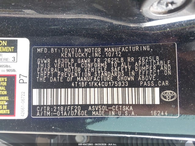 Продаж на аукціоні авто 2012 Toyota Camry Se, vin: 4T1BF1FK4CU175933, номер лоту: 45472983