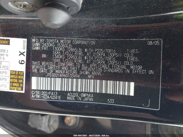 Aukcja sprzedaży 2006 Toyota Highlander, vin: JTEGD21A960133494, numer aukcji: 45472987