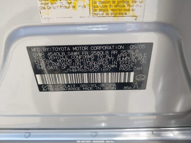 Aukcja sprzedaży 2006 Lexus Gs 300, vin: JTHBH96S765011697, numer aukcji: 45473007